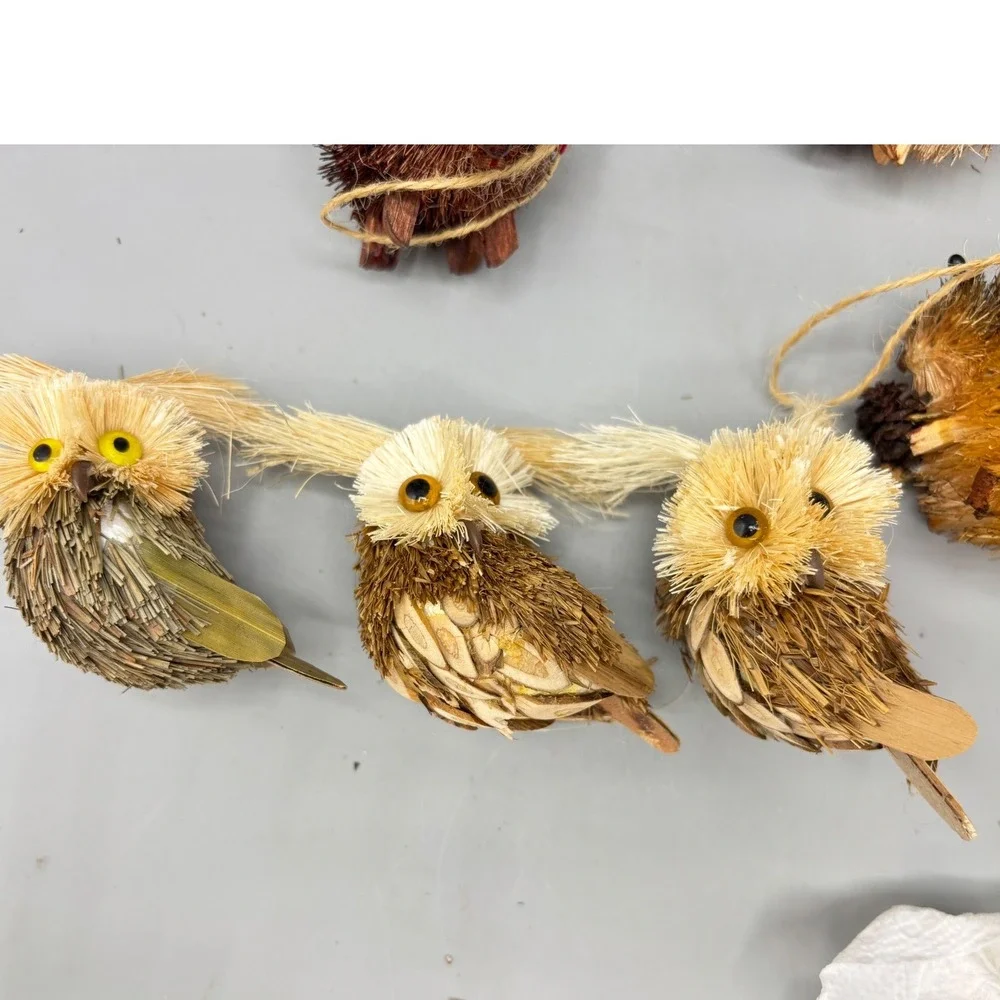 7pc Woodland Burlap Sisal Animal Ornaments Rustic Owl Squirrel Hedgehog Set